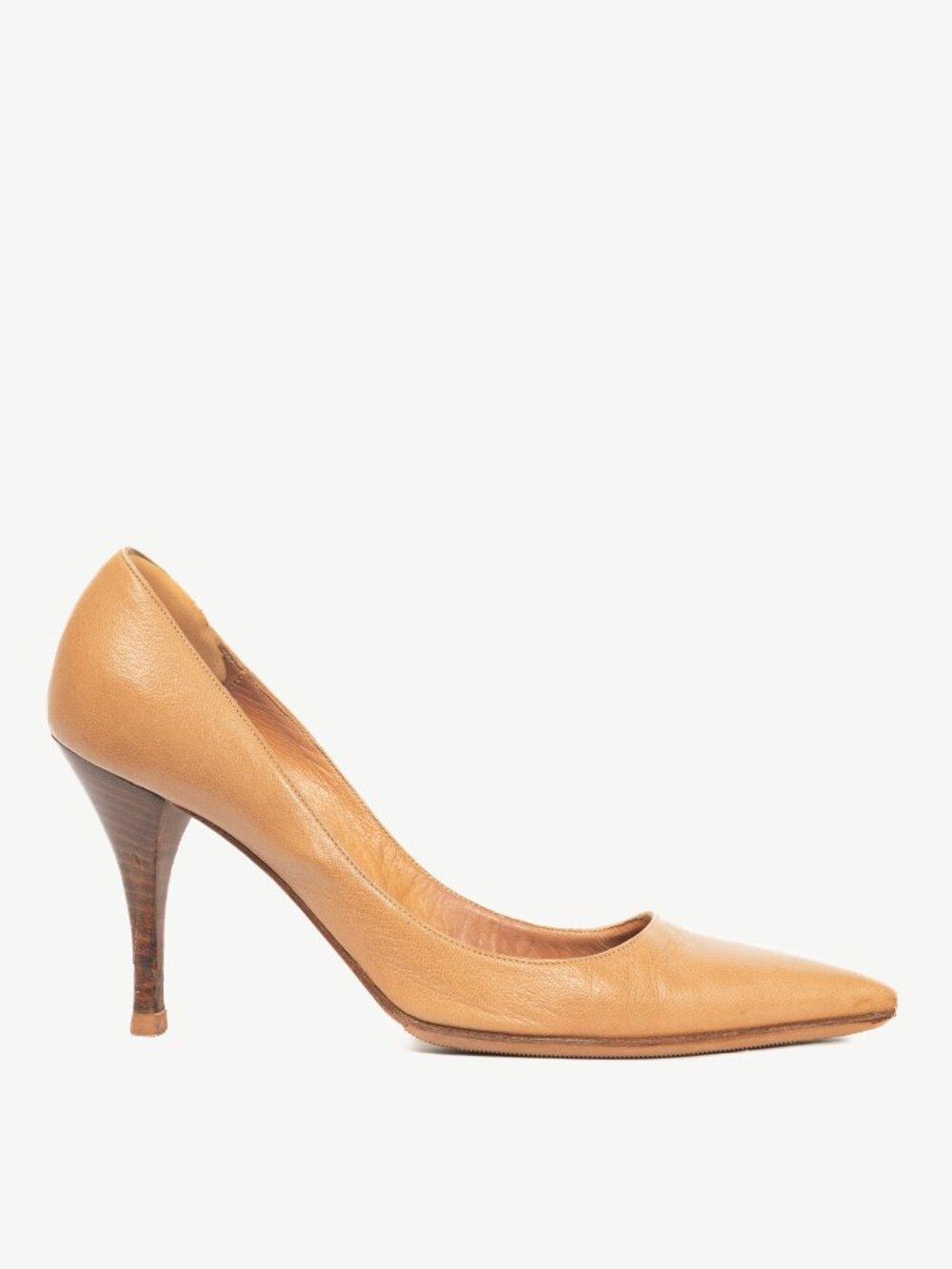 Hermes Tan Leather Pointed-Toe Stacked-Heel Pumps